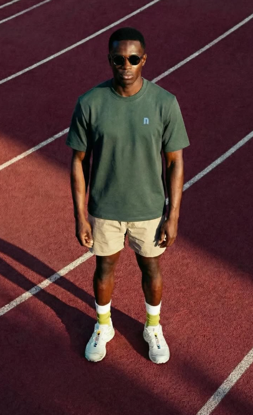 Normal Standard Club Entry Green Classic t-shirt, premium menswear, clean athletic lifestyle look on running track