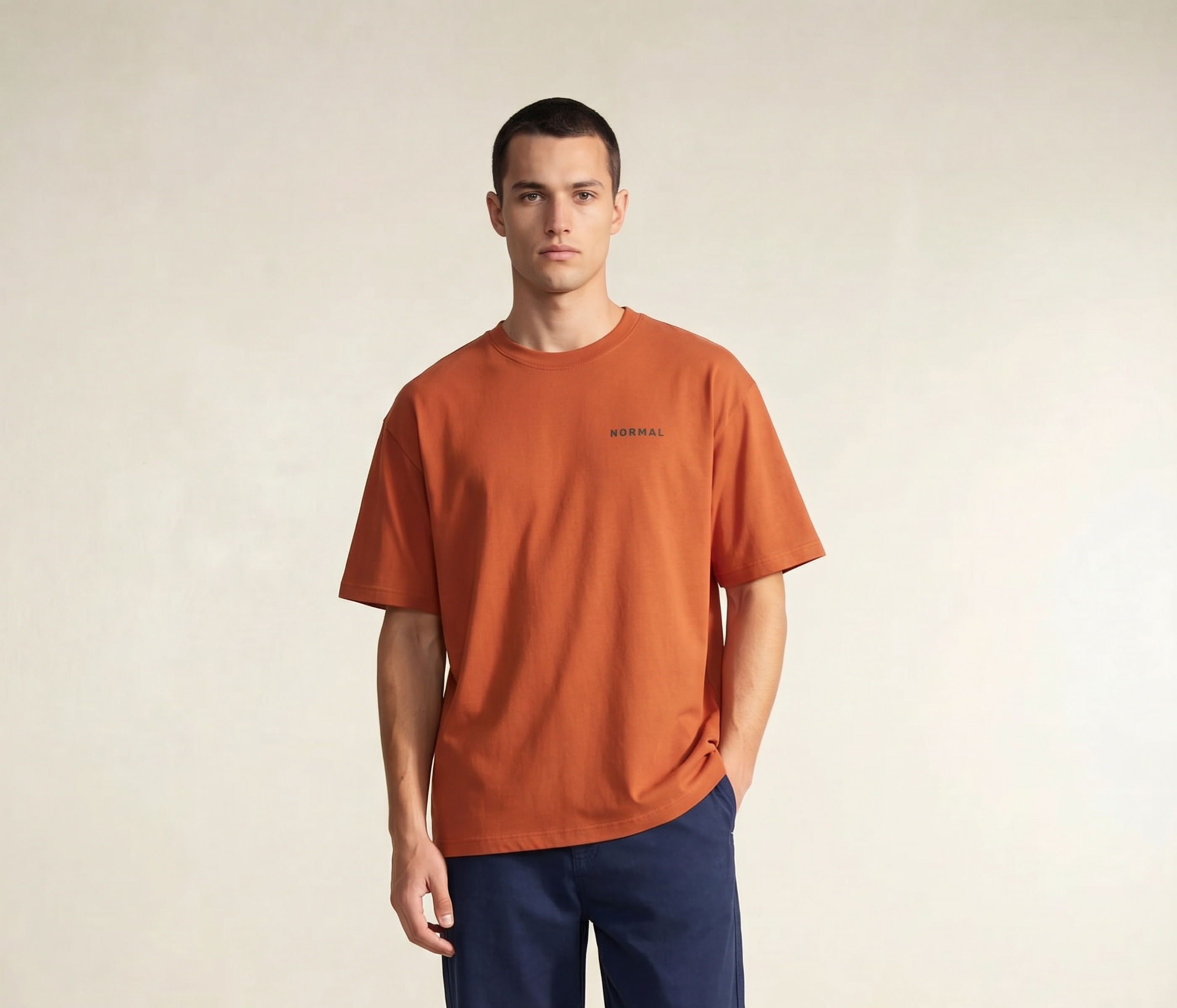 Sinopia | Man wearing an orange t-shirt with a logo on a beige background