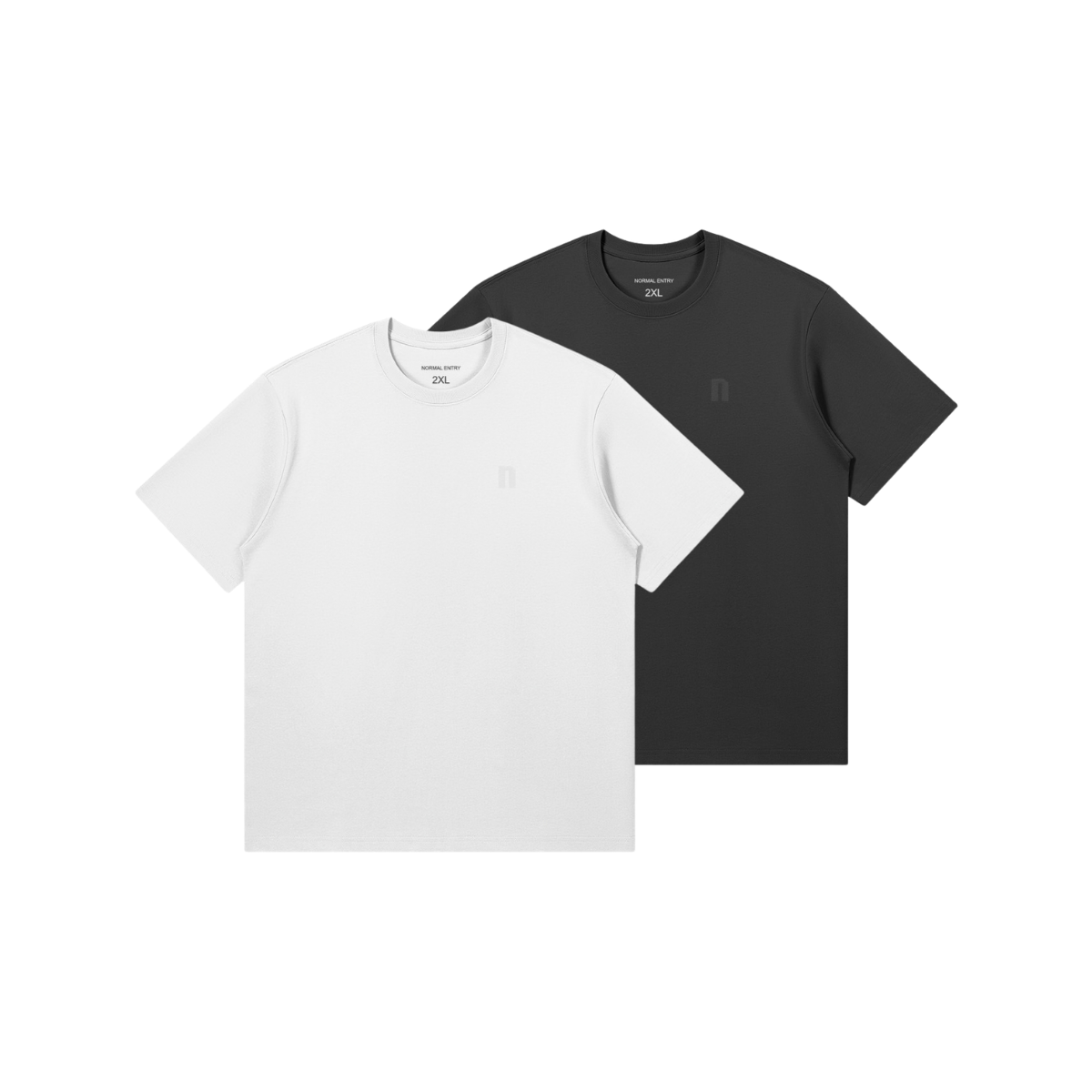 Two short-sleeve crewneck t-shirts shown on a plain white background, one white in front and one black behind. The white shirt has a small tonal chest logo, and the black shirt has a small tonal logo on the left chest.