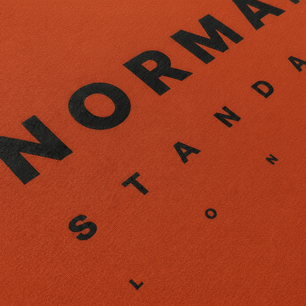 Text 'NORMAN STANDARD LONDON' printed in black on an orange background