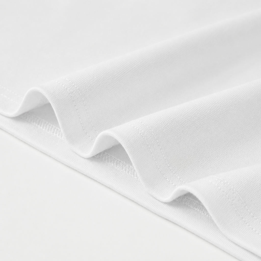 Close-up of white t-shirt bottom edge with a subtle texture on a light gray background