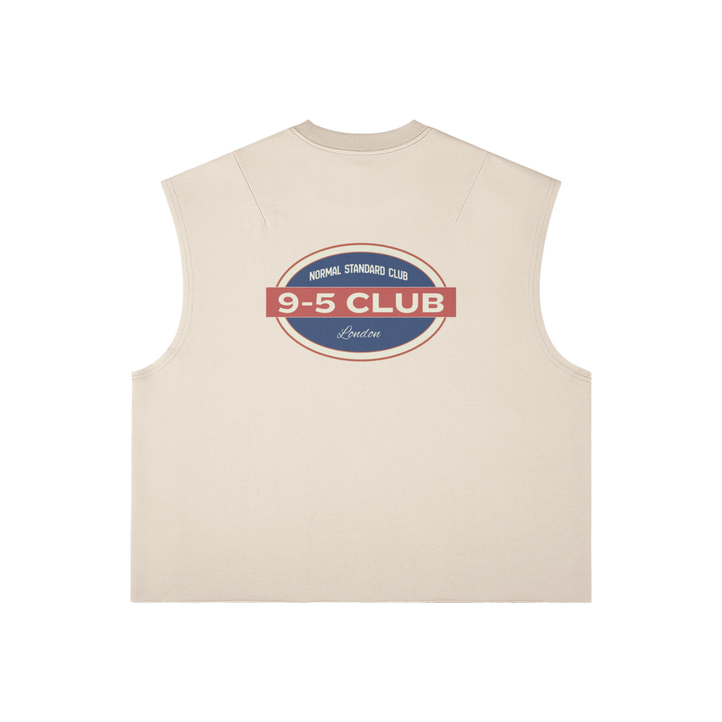 back view of uniform Beige sleeveless top with '9-5 Club' logo on a white background