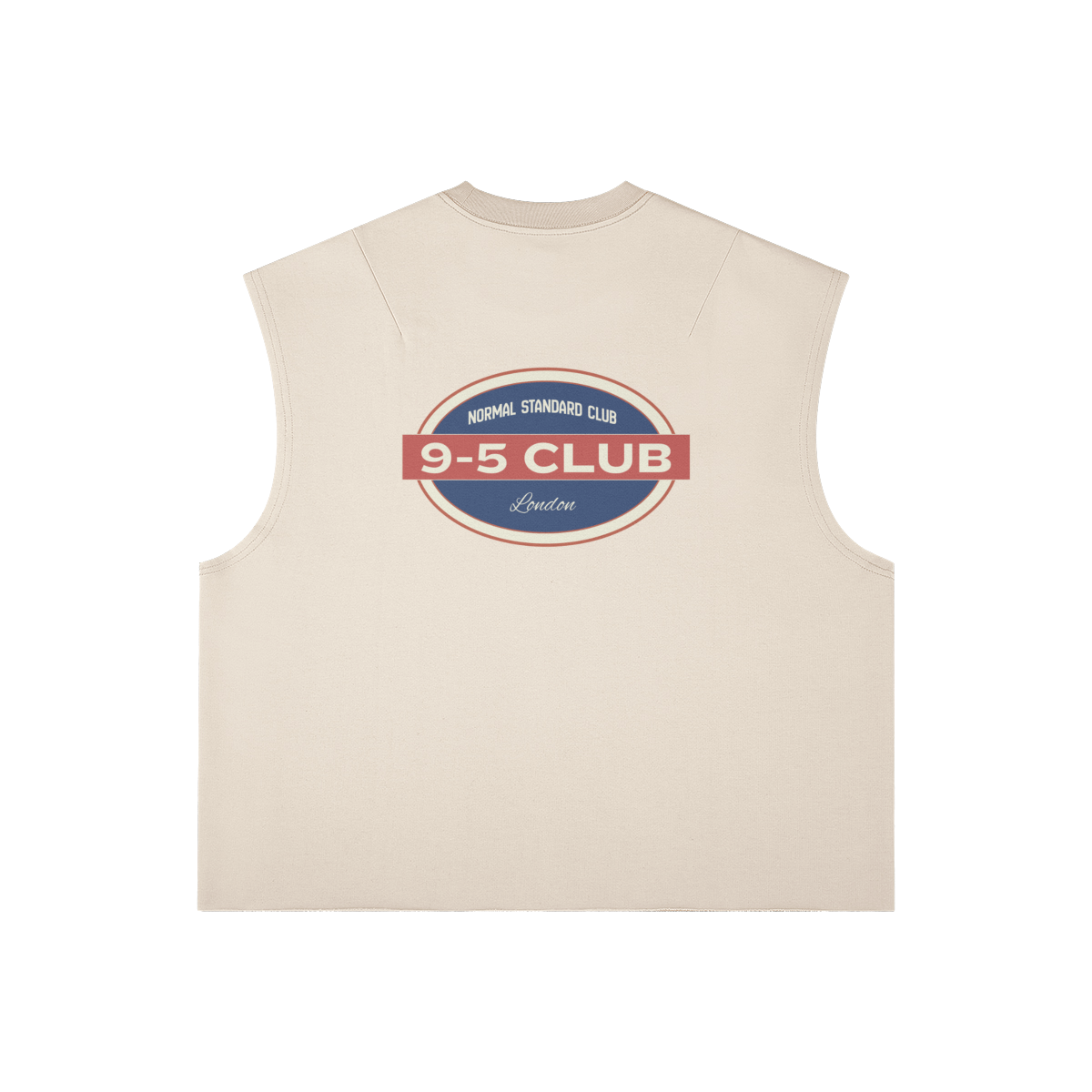 back view of uniform Beige sleeveless top with '9-5 Club' logo on a white background