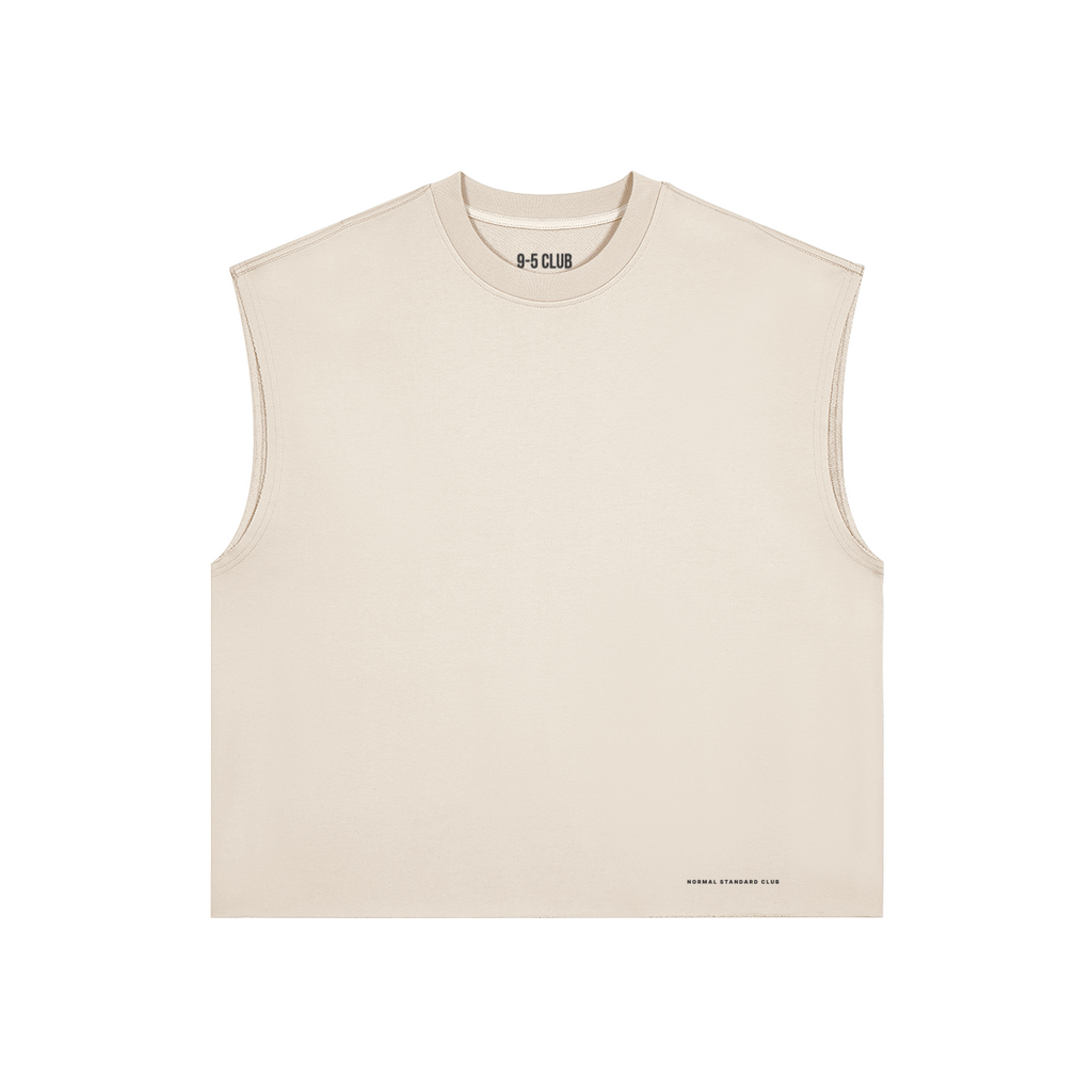 Beige sleeveless top with brand logo on a white background