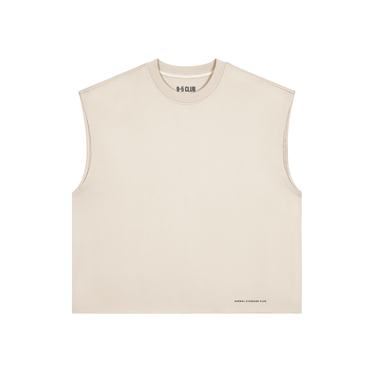 Beige sleeveless top with brand logo on a white background